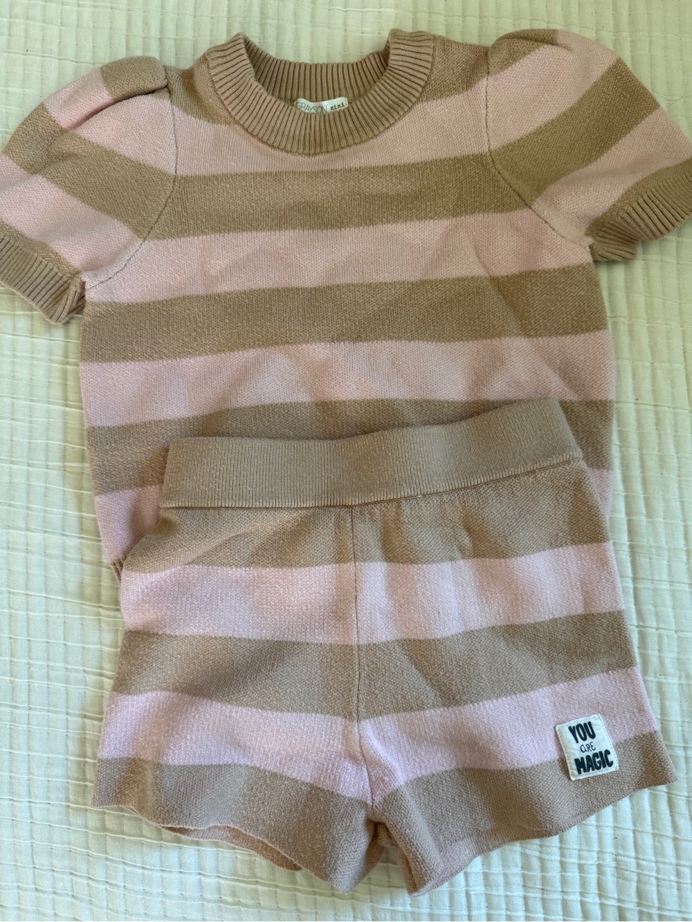 Grayson Mini Pink and Tan Striped Knit Top & Shorts Set